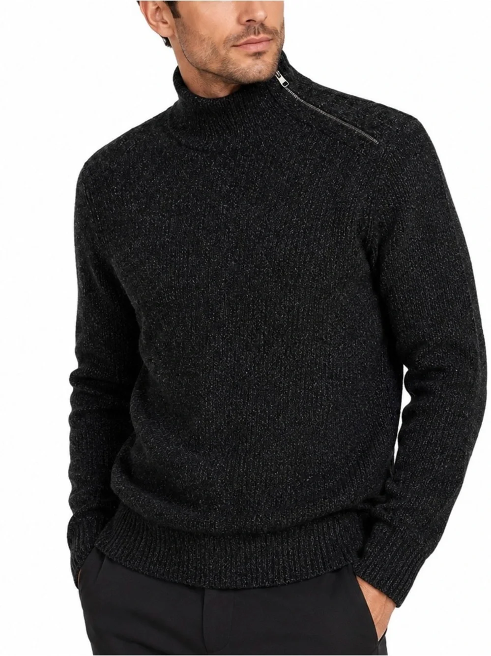 Banana Republic Men’s Mock Neck Zip Shoulder Knit Sweater Black Gray Size Large